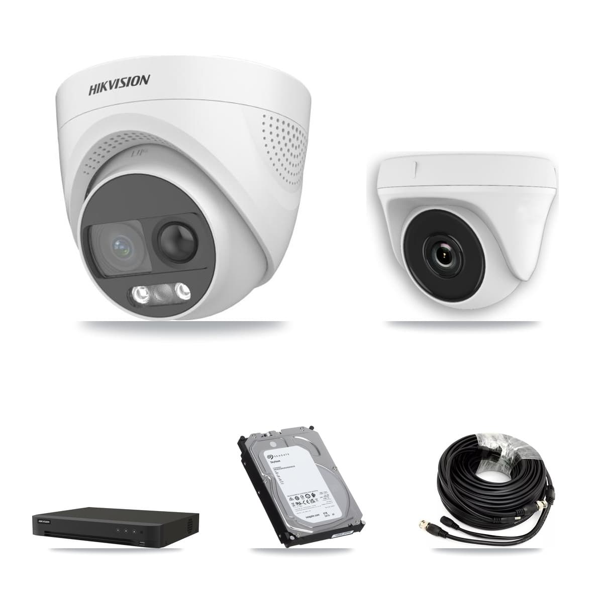 Hikvision 8-Channel 2MP – 5MP CCTV Kit — 4 DS-2CE72KF3T-PIRXO 5MP Turret + 4 White HDT-2MP-N20W-2.8MM 2MP Dome Cameras + 6TB Recording (IDS-7208HUHI-M1/XT Recorder)