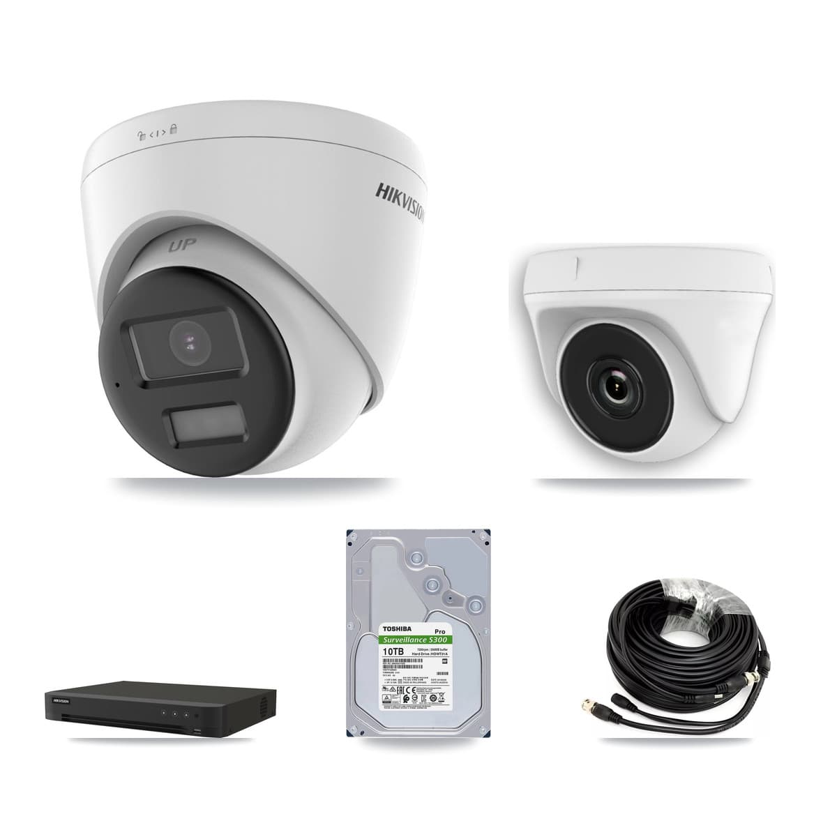 Hikvision 8-Channel 2MP – 4K CCTV Kit — 3 DS-2CE78U0T-LPTS 4K Turret + 3 White HDT-2MP-N20W-2.8MM 2MP Dome Cameras + 10TB Recording (IDS-7208HUHI-M1/XT Recorder)