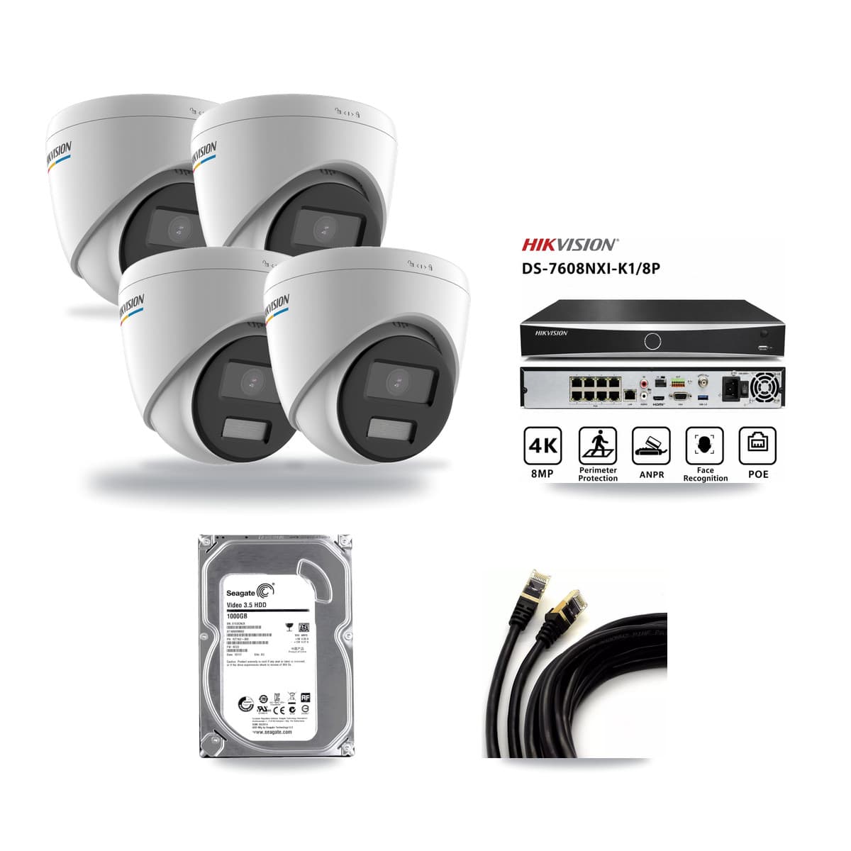 Hikvision 8-Channel 2MP CCTV Kit — 4 Turret Cameras + 1TB Recording (DS-7608NXI Recorder) - Image 1