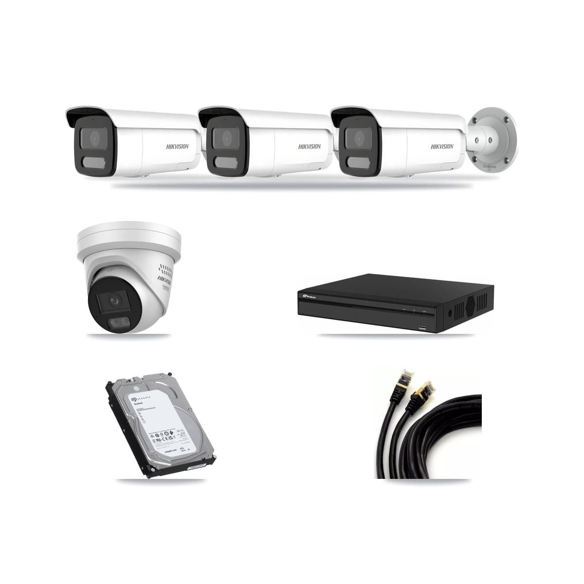 Hikvision & Prolux 4-Channel 4MP CCTV Kit — 1 DS-2CD2347G3 Turret + 3 DS-2CD2T47G2H Bullet Cameras + 6TB Recording - Image 1