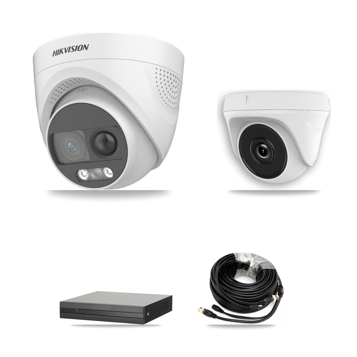 Hikvision 4-Channel 2MP – 5MP CCTV Kit — 1 DS-2CE72KF3T 5MP Turret + 1 White HDT-2MP-N20W 2MP Dome Cameras + 2TB Recording (XVR-3104HS Recorder) - Image 1