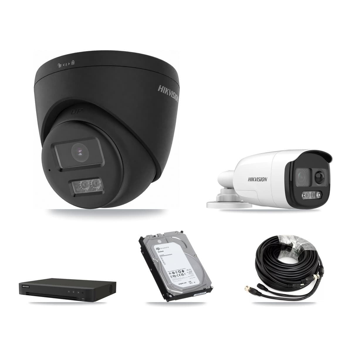 Hikvision 8-Channel 5MP – 4K CCTV Kit — 1 DS-2CE12KF3T-PIRXO 5MP Bullet + 3 Black DS-2CE78U0T-LTS-BLACK 4K Turret Cameras + 6TB Recording (IDS-7208HUHI-M1/XT Recorder)