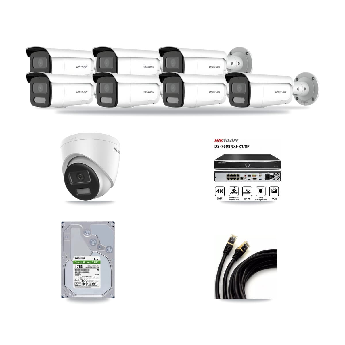 Hikvision 8-Channel 4MP – 4K CCTV Kit — 1 DS-2CD1383G2-LIU 4K Turret + 7 DS-2CD2T47G2H-LISU/SL 4MP Bullet Cameras + 10TB Recording (DS-7608NXI-K1/8P Recorder) - Image 1