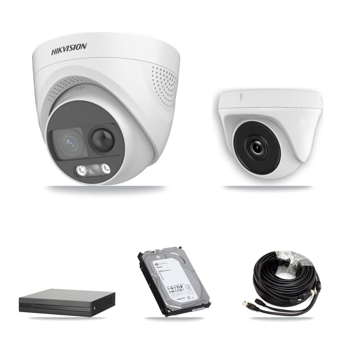 Hikvision 4-Channel 2MP – 5MP CCTV Kit — 3 DS-2CE72KF3T 5MP Turret + 1 White HDT-2MP-N20W 2MP Dome Cameras + 6TB Recording (XVR-3104HS Recorder)