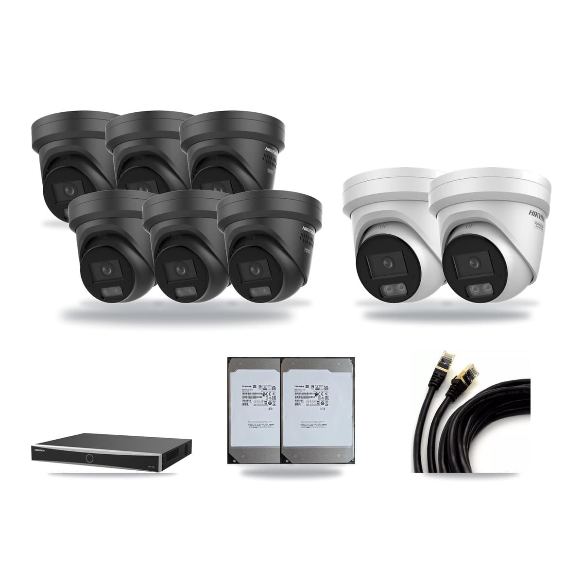 Hikvision 16-Channel 4K CCTV Kit — 2 + 6 Black Turret Cameras + 2× 14TB Recording (DS-7616NXI Recorder) - Image 1