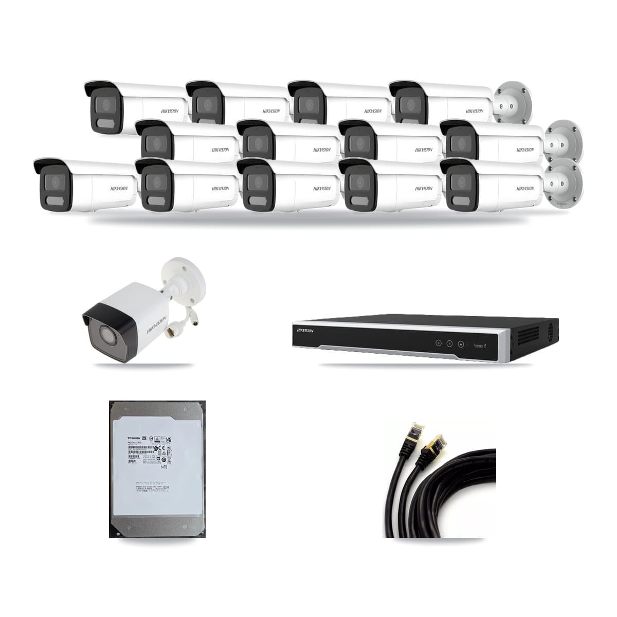 Hikvision 16-Channel 4MP – 5MP CCTV Kit — 1 5MP + 13 4MP Bullet Cameras + 14TB Recording - Image 1