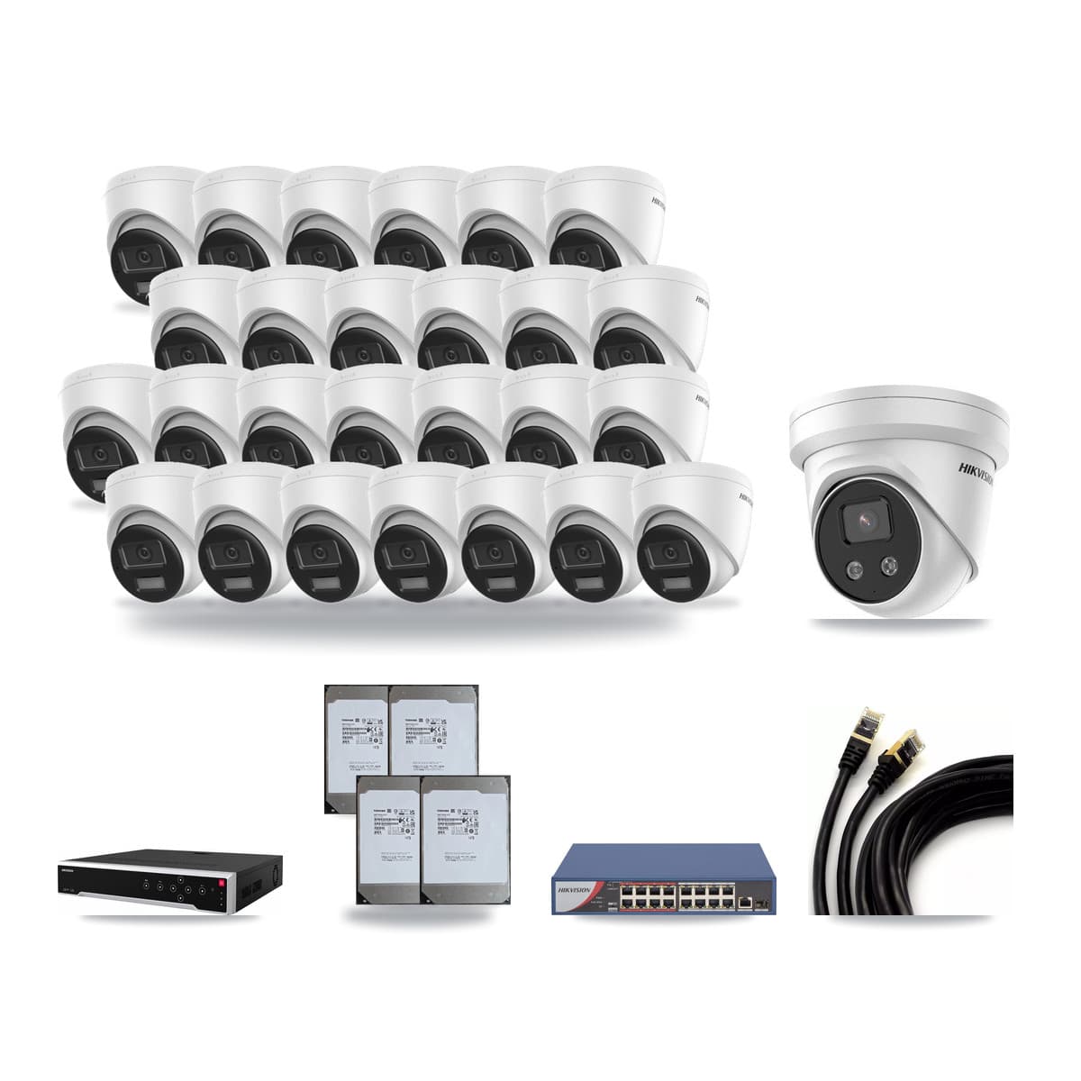 Hikvision 32-Channel 5MP – 4K CCTV Kit — 26 DS-2CD1383G2-LIUF/SL 4K + 1 DS-2CD3356G2-ISU 5MP Turret Cameras + 4× 14TB Recording (DS-7732NI-M4/24P Recorder) - Image 1