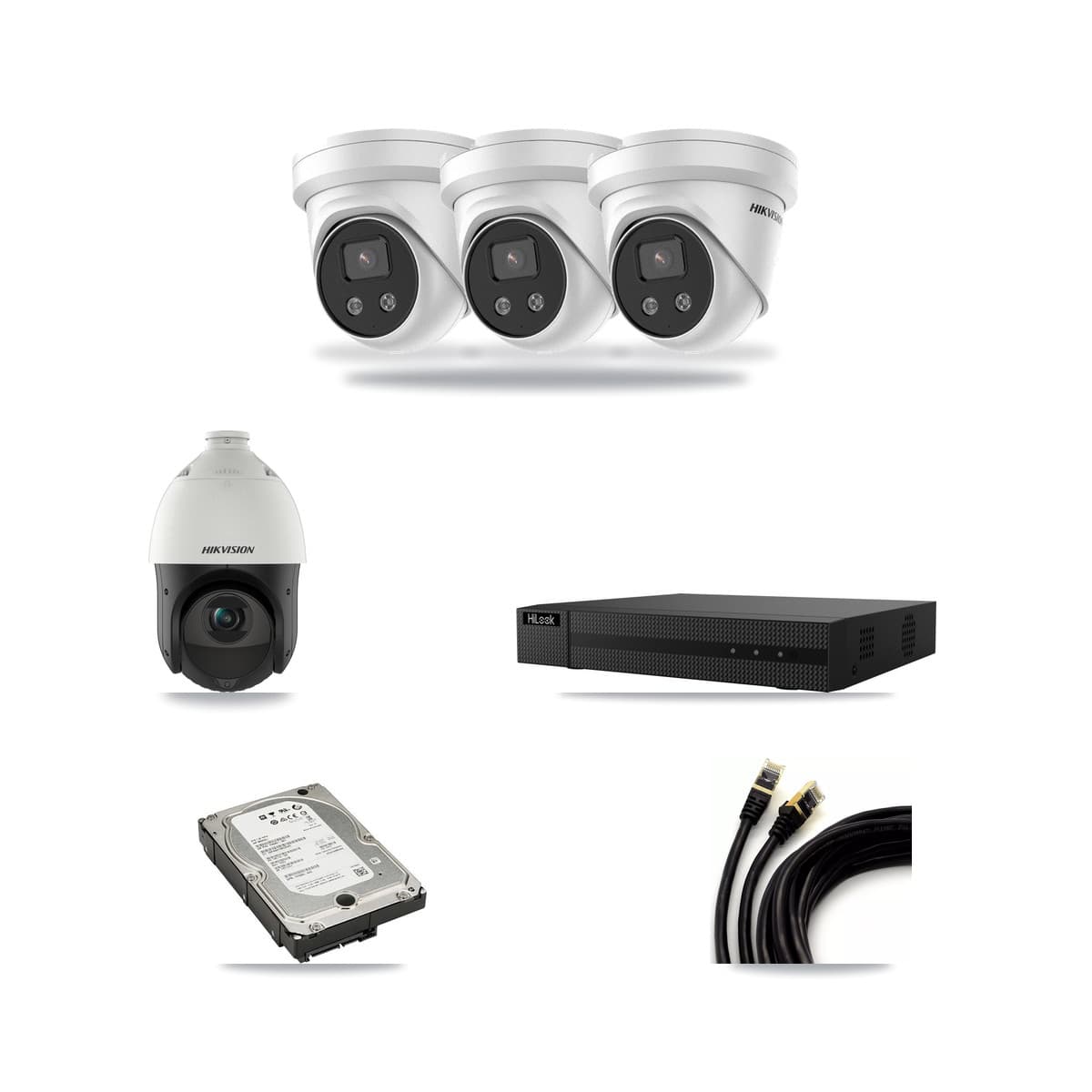 Hikvision & HiLook 8-Channel 4MP – 5MP CCTV Kit — 3 5MP Turret + 1 4MP PTZ Cameras + 5TB Recording (NVR-108MH-D Recorder) - Image 1
