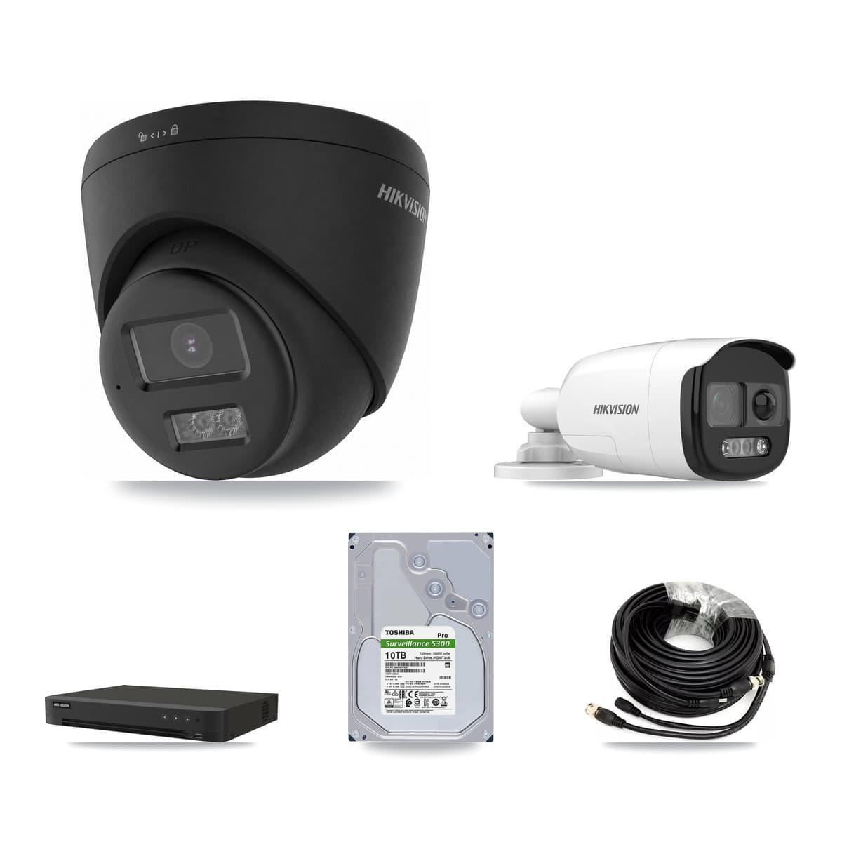 Hikvision 8-Channel 5MP – 4K CCTV Kit — 1 DS-2CE12KF3T-PIRXO 5MP Bullet + 3 Black DS-2CE78U0T-LTS-BLACK 4K Turret Cameras + 10TB Recording (IDS-7208HUHI-M1/XT Recorder)