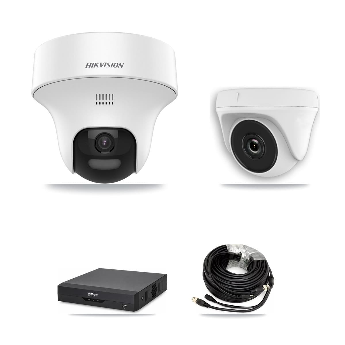 Hikvision & Dahua 4-Channel 2MP – 5MP CCTV Kit — 2 DS-2CE70K0T 5MP Turret + 1 White HDT-2MP-N20W 2MP Dome Cameras + 3TB Recording