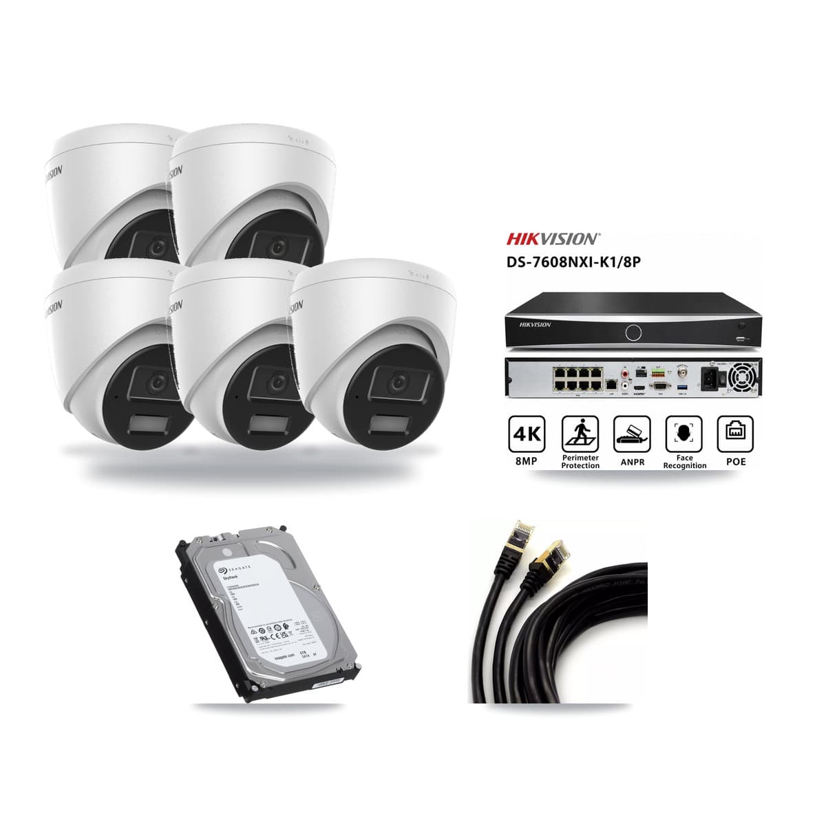 Hikvision 8-Channel 4MP CCTV Kit — 5 DS-2CD1343G2 Turret Cameras + 6TB Recording (DS-7608NXI Recorder) - Image 1