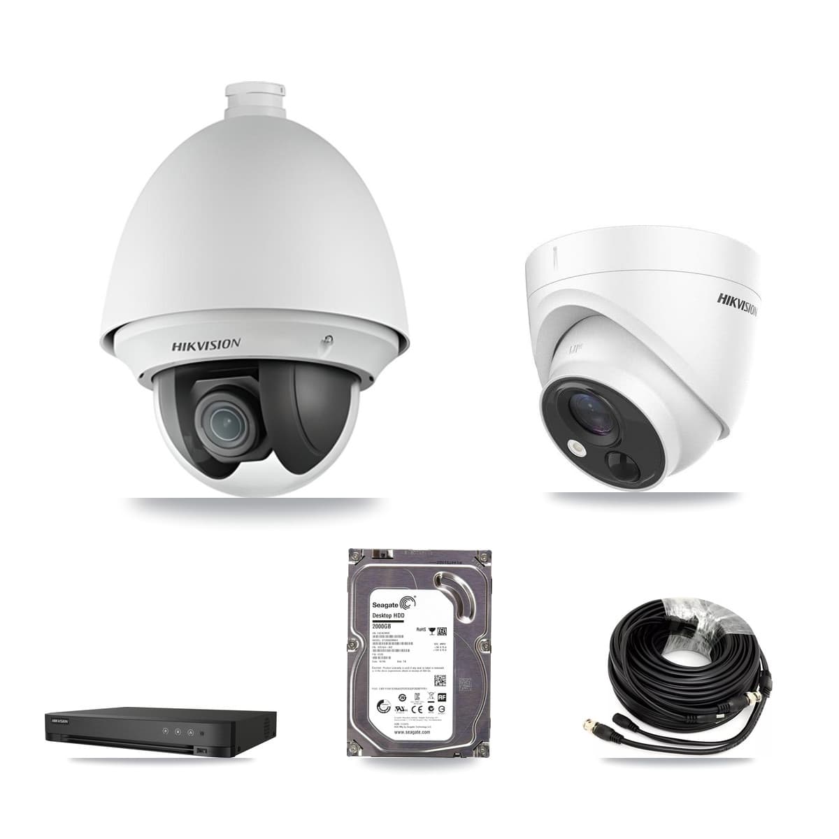 Hikvision 4-Channel 2MP – 5MP CCTV Kit — 1 DS-2AE4225T 2MP PTZ + 1 DS-2CE71H0T 5MP Turret Cameras + 2TB Recording (IDS-7204HUHI Recorder)