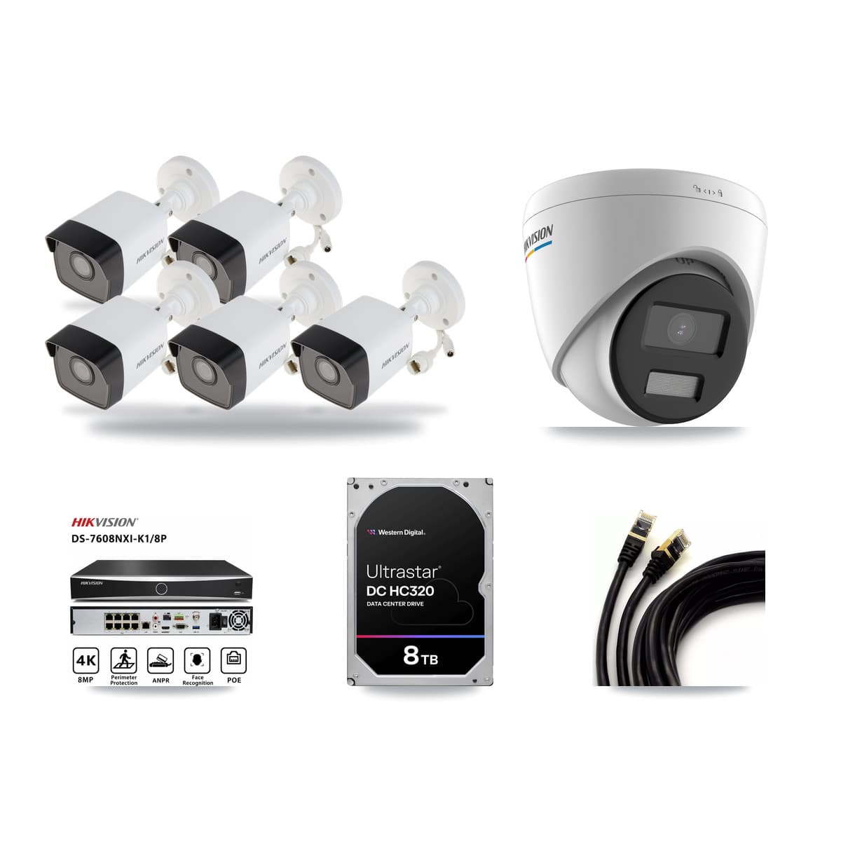 Hikvision 8-Channel 2MP – 5MP CCTV Kit — 5 5MP Bullet + 1 2MP Turret Cameras + 8TB Recording - Image 1