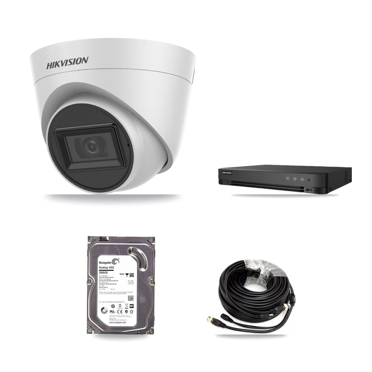 Hikvision 8-Channel 5MP CCTV Kit — 4 White DS-2CE78H0T-IT3FS Turret Cameras + 2TB Recording (IDS-7208HUHI-M1/E Recorder)