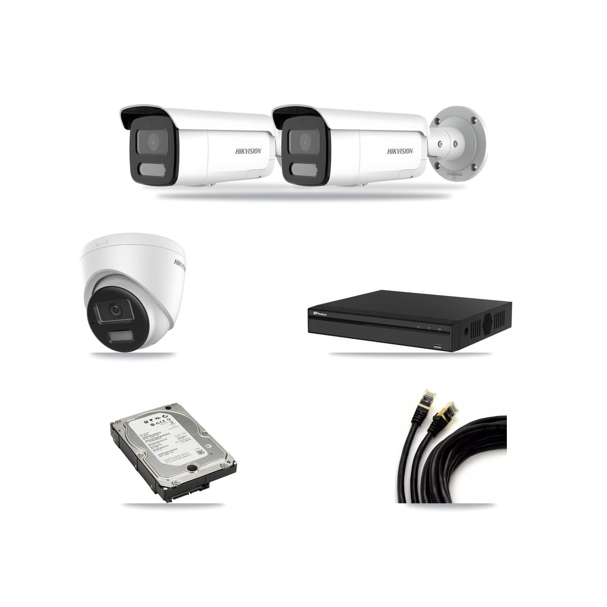 Hikvision & Prolux 4-Channel 4MP – 4K CCTV Kit — 1 DS-2CD1383G2-LIUF/SL 4K Turret + 2 DS-2CD2T47G2H-LISU/SL 4MP Bullet Cameras + 5TB Recording (PXN-2104HS-4P-4K Recorder) - Image 1