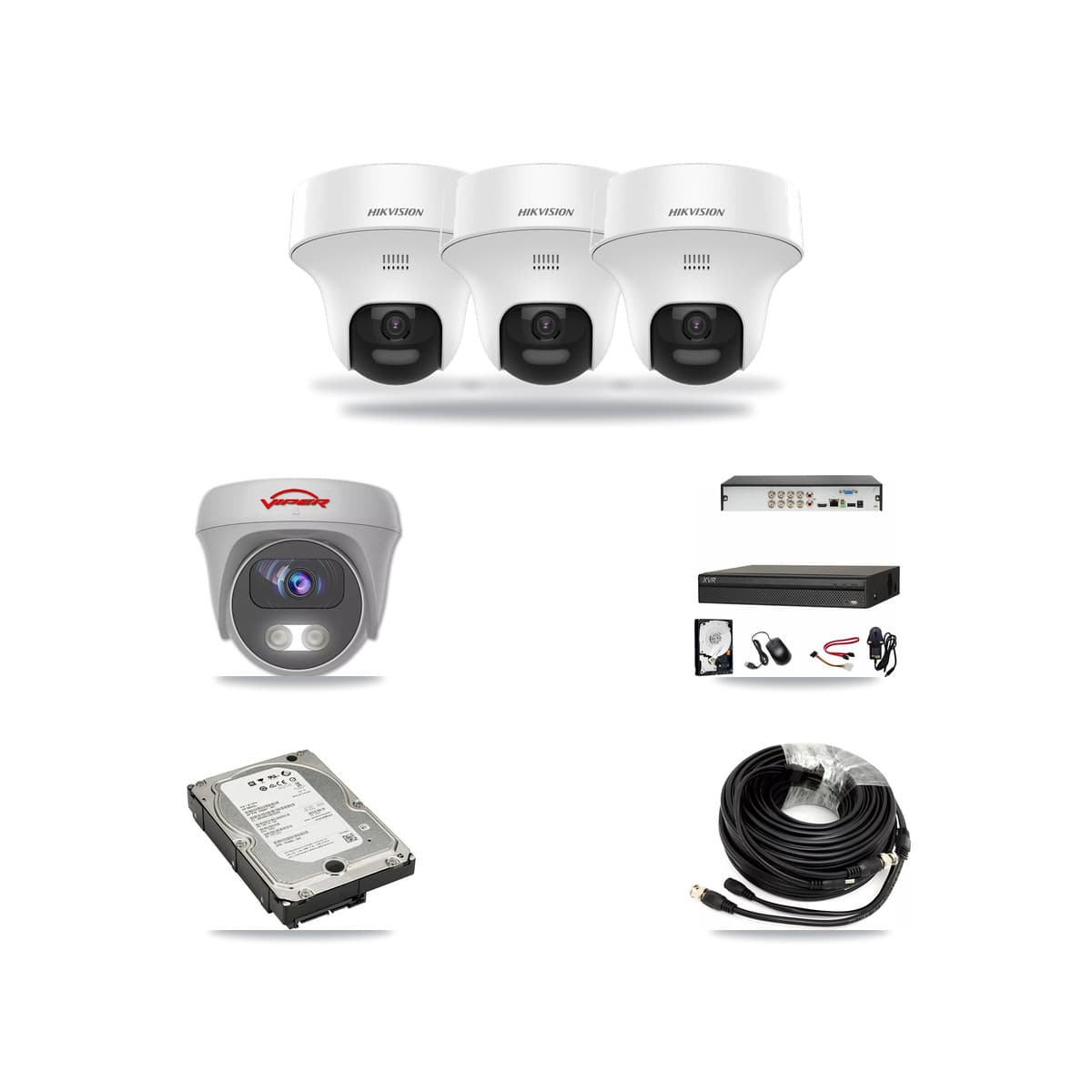 8-Channel 5MP CCTV Kit — 3 DS-2CE70K0T Turret + 1 White VIPER-5MP-3K Cameras + 5TB Recording (XVR-3108AD Recorder) - Image 1