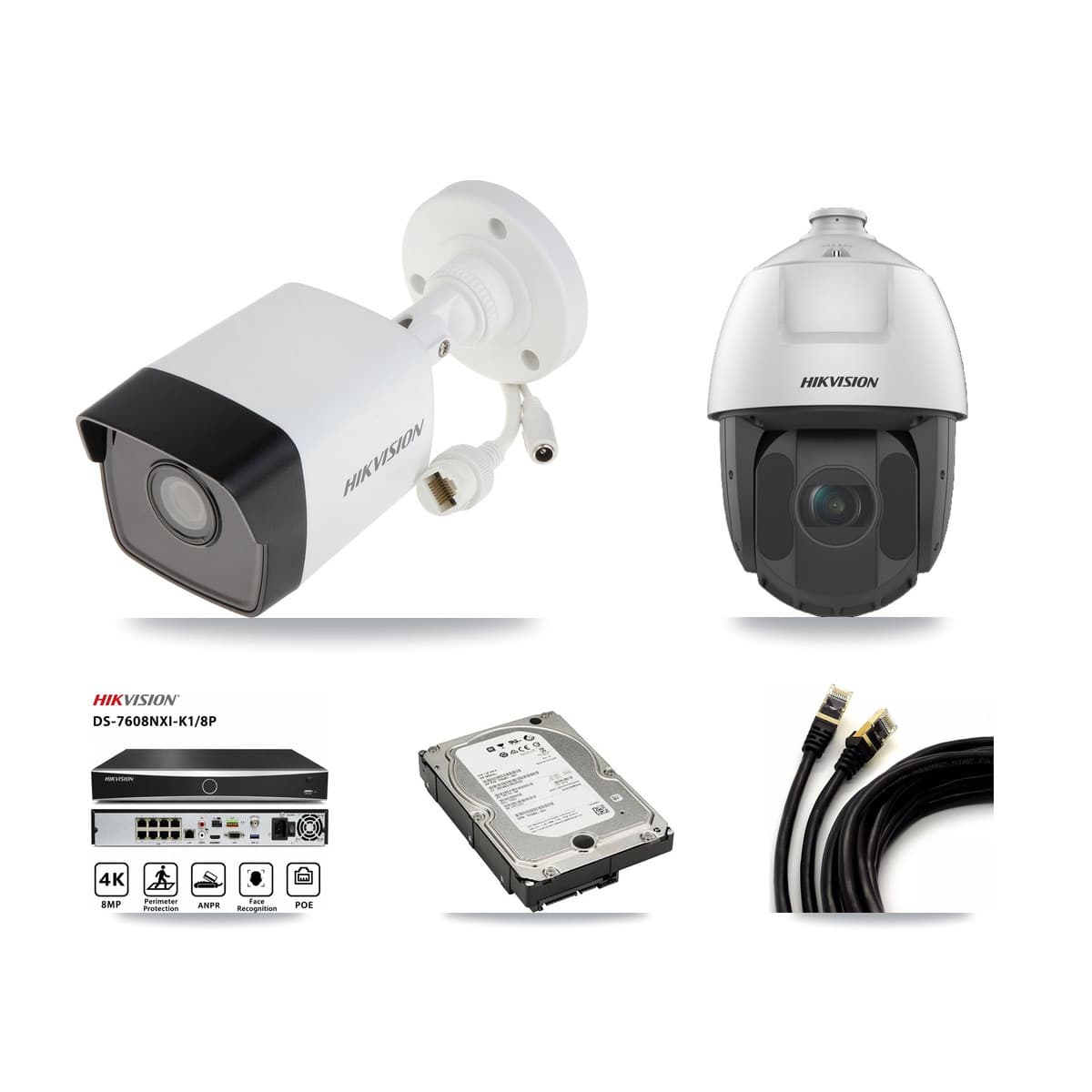 Hikvision 8-Channel 2MP – 5MP CCTV Kit — 3 5MP Bullet + 1 2MP PTZ Cameras + 5TB Recording (DS-7608NXI Recorder)
