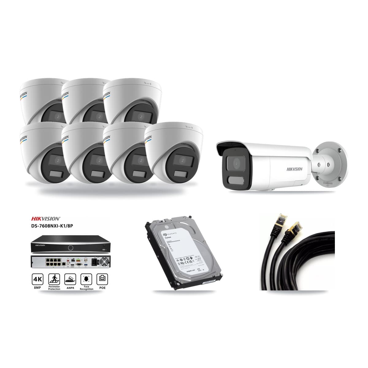 Hikvision 8-channel CCTV kit: 8 cameras (7× 2MP Turret + 1× 4MP Bullet), 6TB hard drive