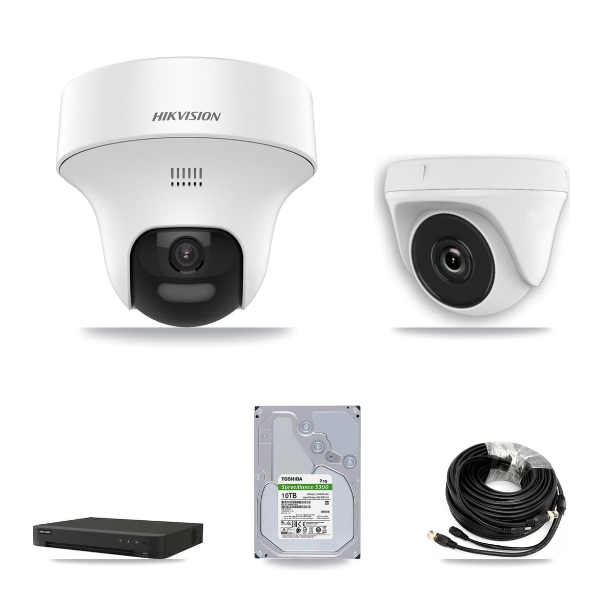 Hikvision 8-Channel 2MP – 5MP CCTV Kit — 6 DS-2CE70K0T-PTLTS 5MP Turret + 2 White HDT-2MP-N20W-2.8MM 2MP Dome Cameras + 10TB Recording (IDS-7208HUHI-M1/XT Recorder)