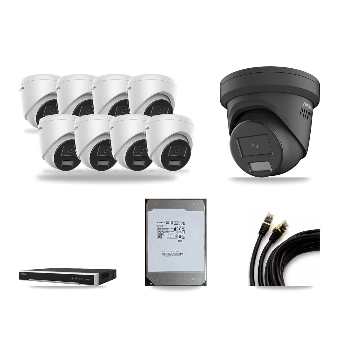 Hikvision 16-Channel 4MP CCTV Kit — 8 DS-2CD1343G2 + 1 Black DS-2CD2347G2 Turret Cameras + 14TB Recording (DS-7616NI-M2 Recorder) - Image 1
