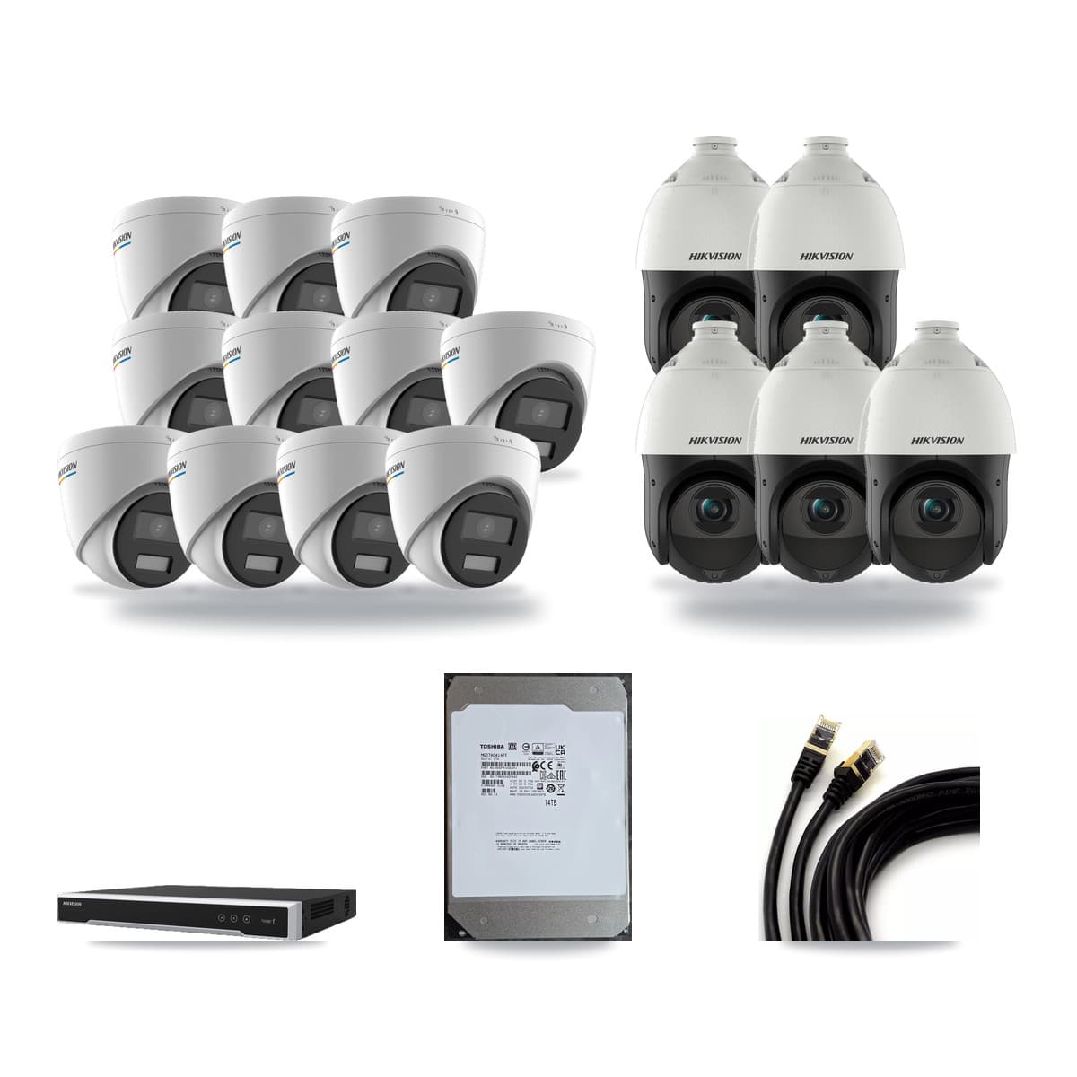 Hikvision 16-Channel 2MP – 4MP CCTV Kit — 11 2MP Turret + 5 4MP PTZ Cameras + 14TB Recording (DS-7616NI-M2 Recorder) - Image 1