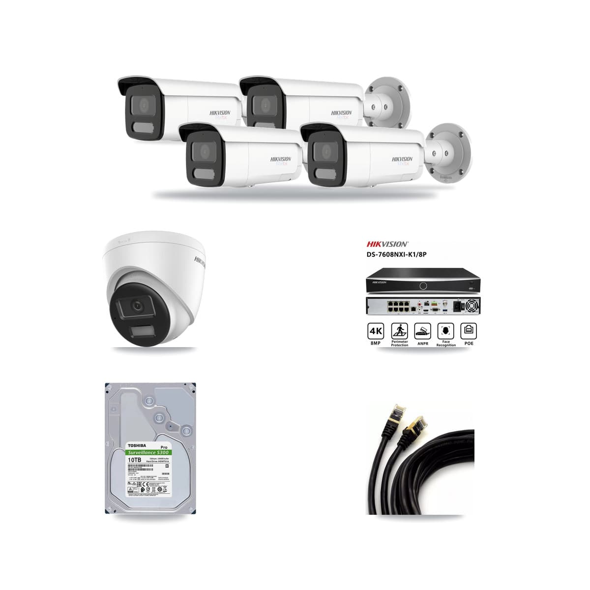 Hikvision 8-Channel 4K CCTV Kit — 1 DS-2CD1383G2-LIU Turret + 4 White DS-2CD2T87G2H-LISU/SL-2.8MM-W Bullet Cameras + 10TB Recording (DS-7608NXI-K1/8P Recorder) - Image 1