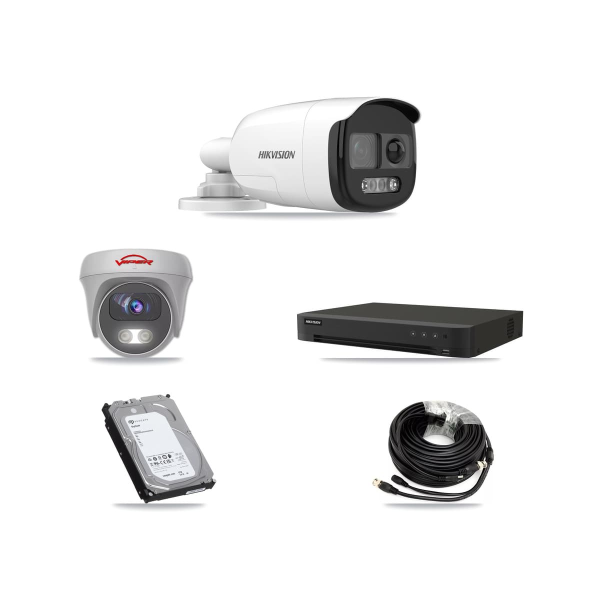 Hikvision & Viper 8-Channel 5MP CCTV Kit — 4 DS-2CE12KF3T-PIRXO Bullet + 1 White VIPER-5MP-3K-AOC-WHITE-2.8MM Cameras + 6TB Recording (IDS-7208HUHI-M1/XT Recorder) - Image 1