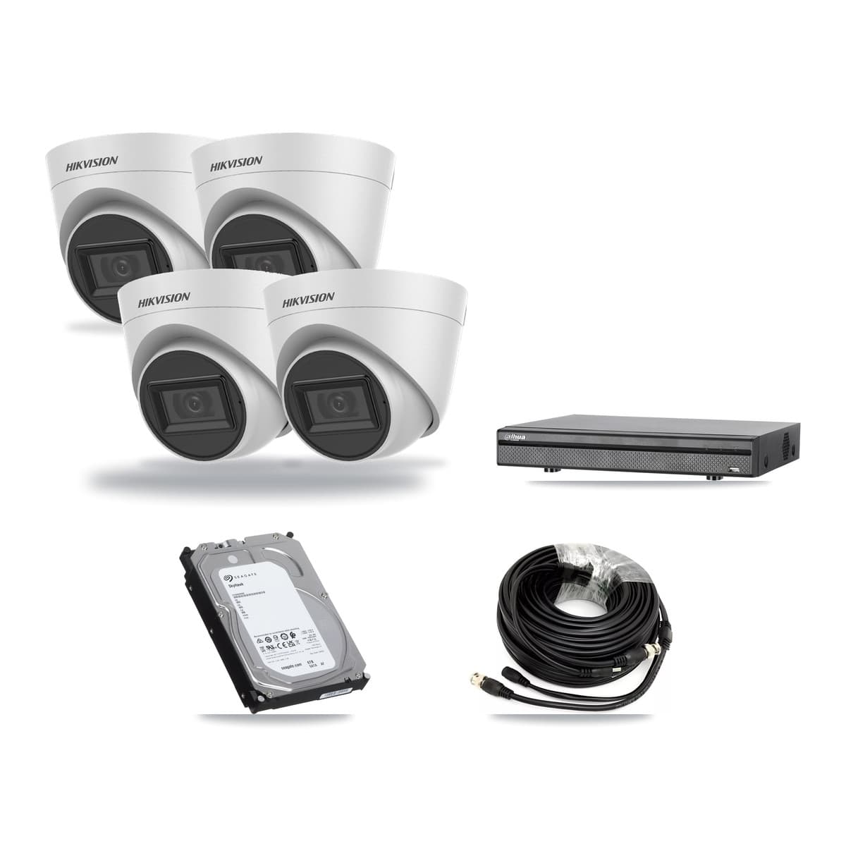 Hikvision & Dahua 8-Channel 5MP CCTV Kit — 4 White Turret Cameras + 6TB Recording (DH-XVR5108H Recorder) - Image 1