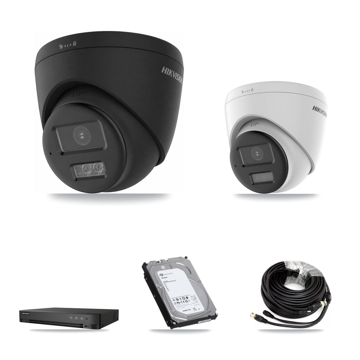 Hikvision 4-Channel 5MP – 4K CCTV Kit — 1 DS-2CE78K0T-LPTS 5MP + 3 Black DS-2CE78U0T-LTS-BLACK 4K Turret Cameras + 6TB Recording (IDS-7204HUHI-M1/XT Recorder)