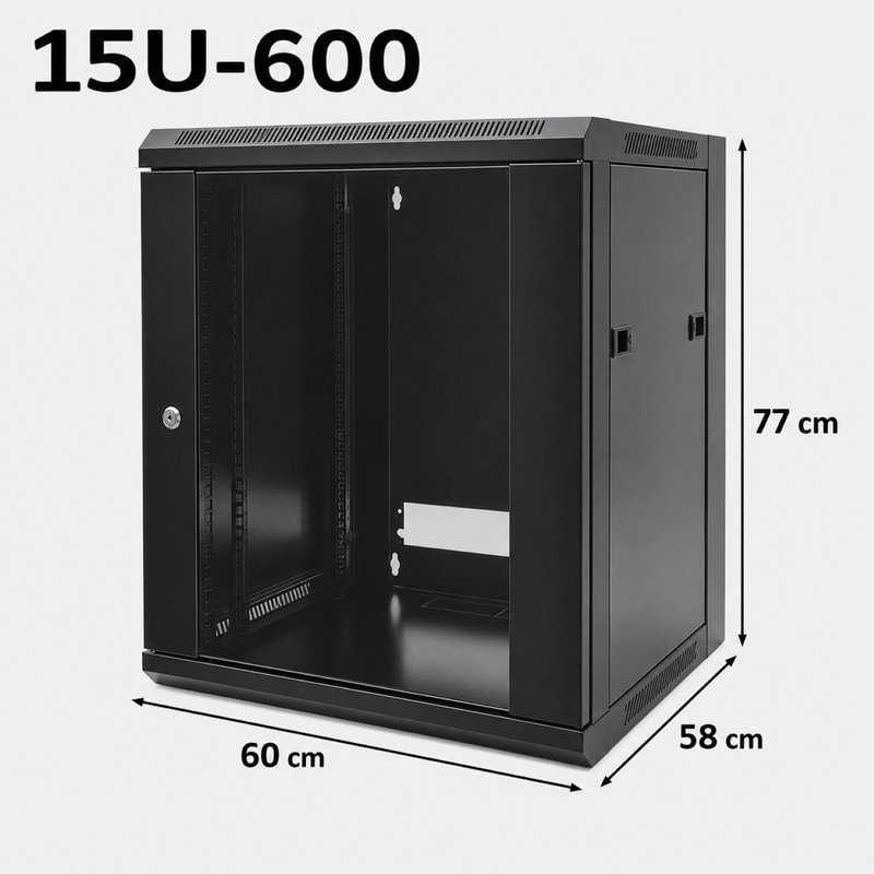 15U 19" Wall Server Rack - Black Network Cabinet (770x600mm)