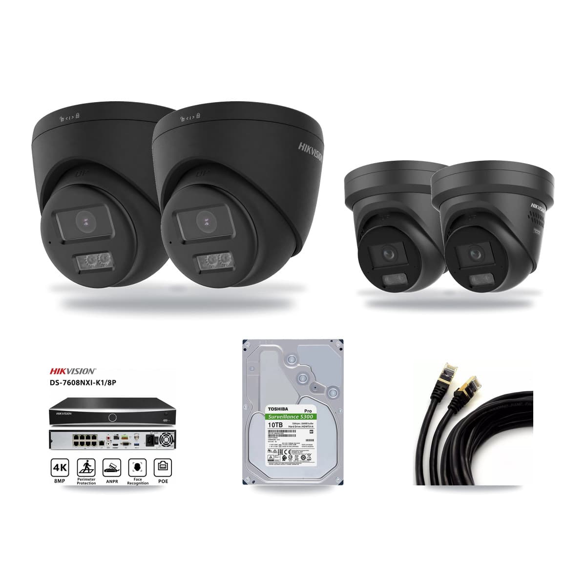 Hikvision 8-Channel 4K CCTV Kit — 2 Black DS-2CD1383G2 + 2 Black DS-2CD2387G3 Turret Cameras + 10TB Recording - Image 1