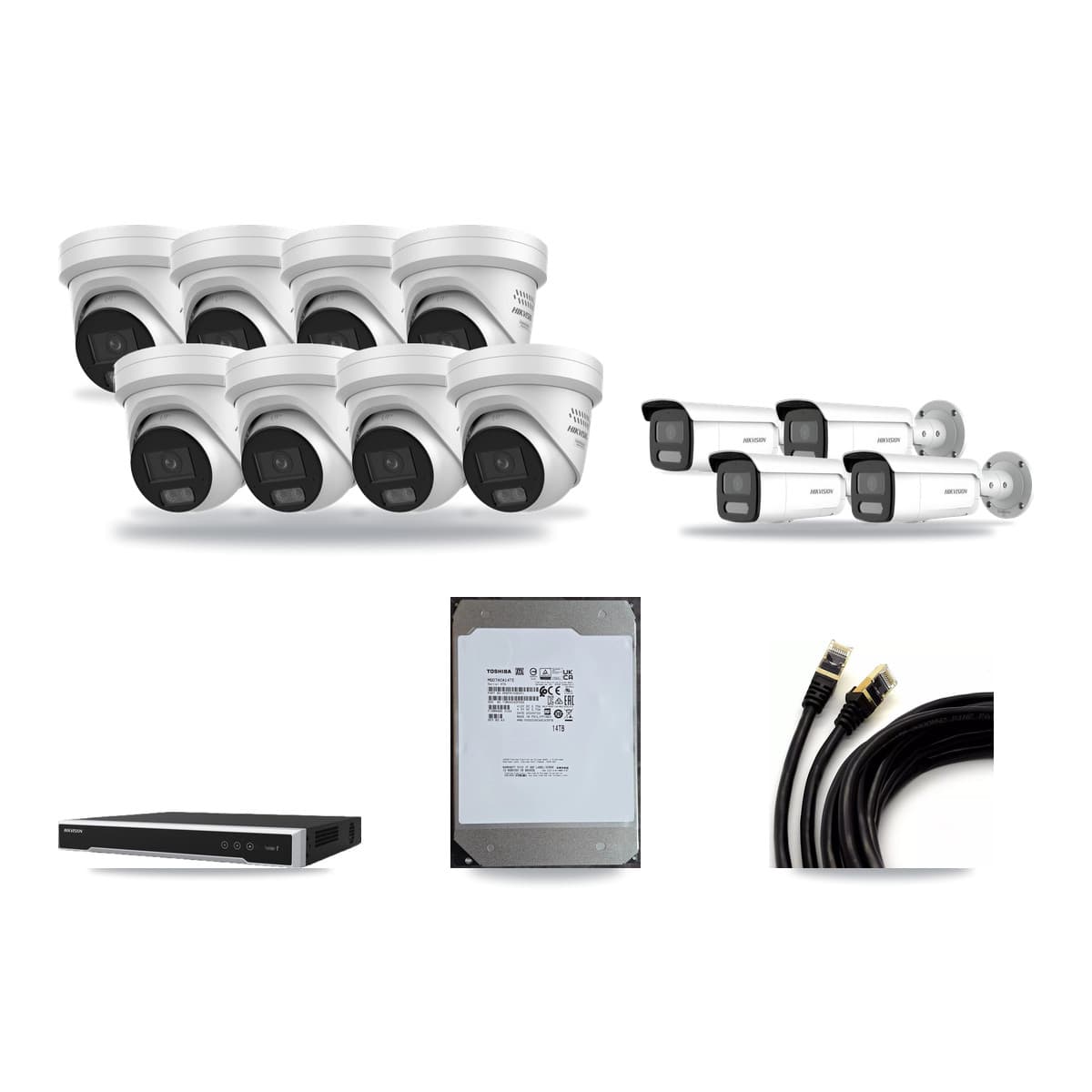 Hikvision 16-Channel 4MP CCTV Kit — 8 DS-2CD2347G3 Turret + 4 DS-2CD2T47G2H Bullet Cameras + 14TB Recording (DS-7616NI-M2 Recorder) - Image 1