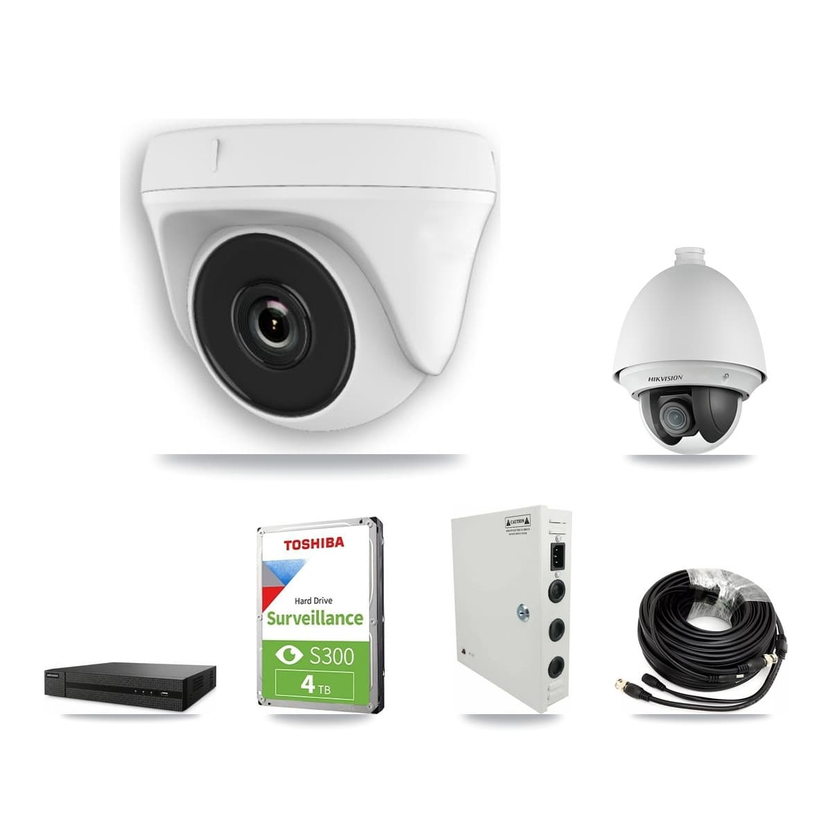 Hikvision 8-Channel 2MP CCTV Kit — 1 DS-2AE4225T PTZ + 5 White HDT-2MP-N20W Dome Cameras + 4TB Recording (DVR-8CH Recorder)