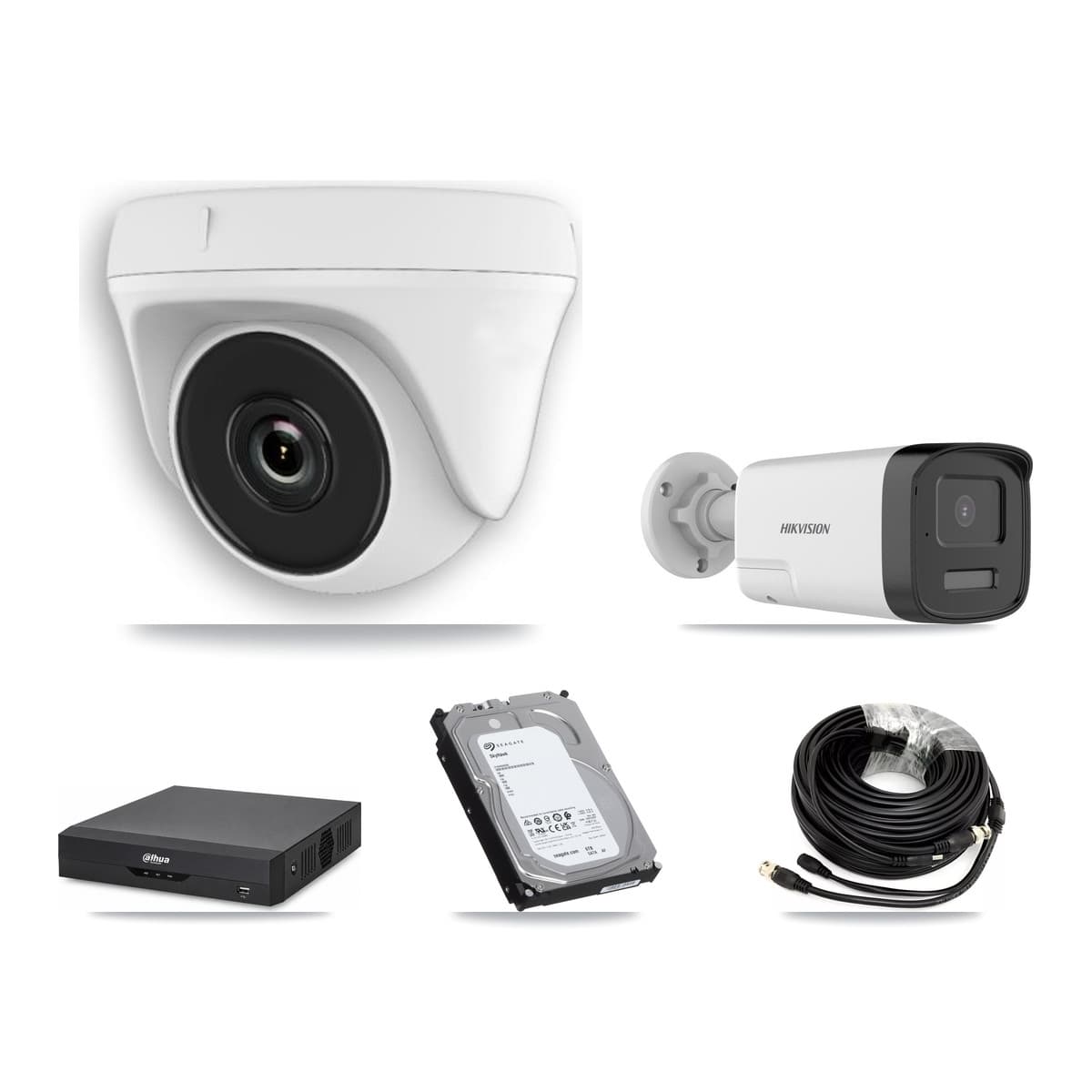 Hikvision & Dahua 4-Channel 2MP – 5MP CCTV Kit — 1 DS-2CE17K0T 5MP Bullet + 3 White HDT-2MP-N20W 2MP Dome Cameras + 6TB Recording