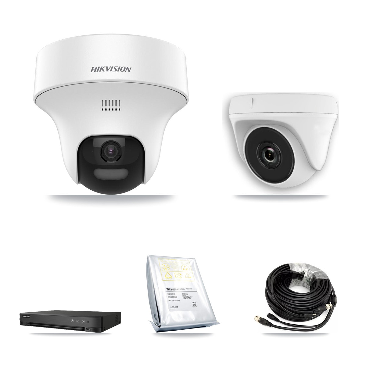 Hikvision 8-Channel 2MP – 5MP CCTV Kit — 4 DS-2CE70K0T-PTLTS 5MP Turret + 4 White HDT-2MP-N20W-2.8MM 2MP Dome Cameras + 8TB Recording (IDS-7208HUHI-M1/E Recorder)