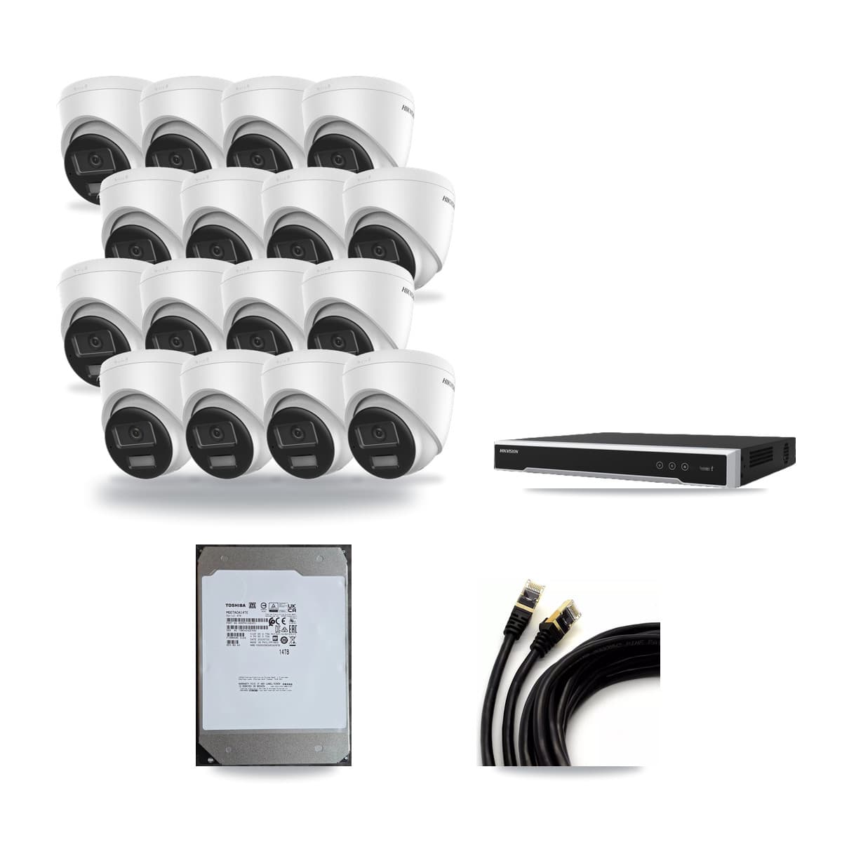 Hikvision 16-Channel 4K CCTV Kit — 16 DS-2CD1383G2-LIUF/SL Turret Cameras + 14TB Recording (DS-7616NI-M2/16P Recorder) - Image 1