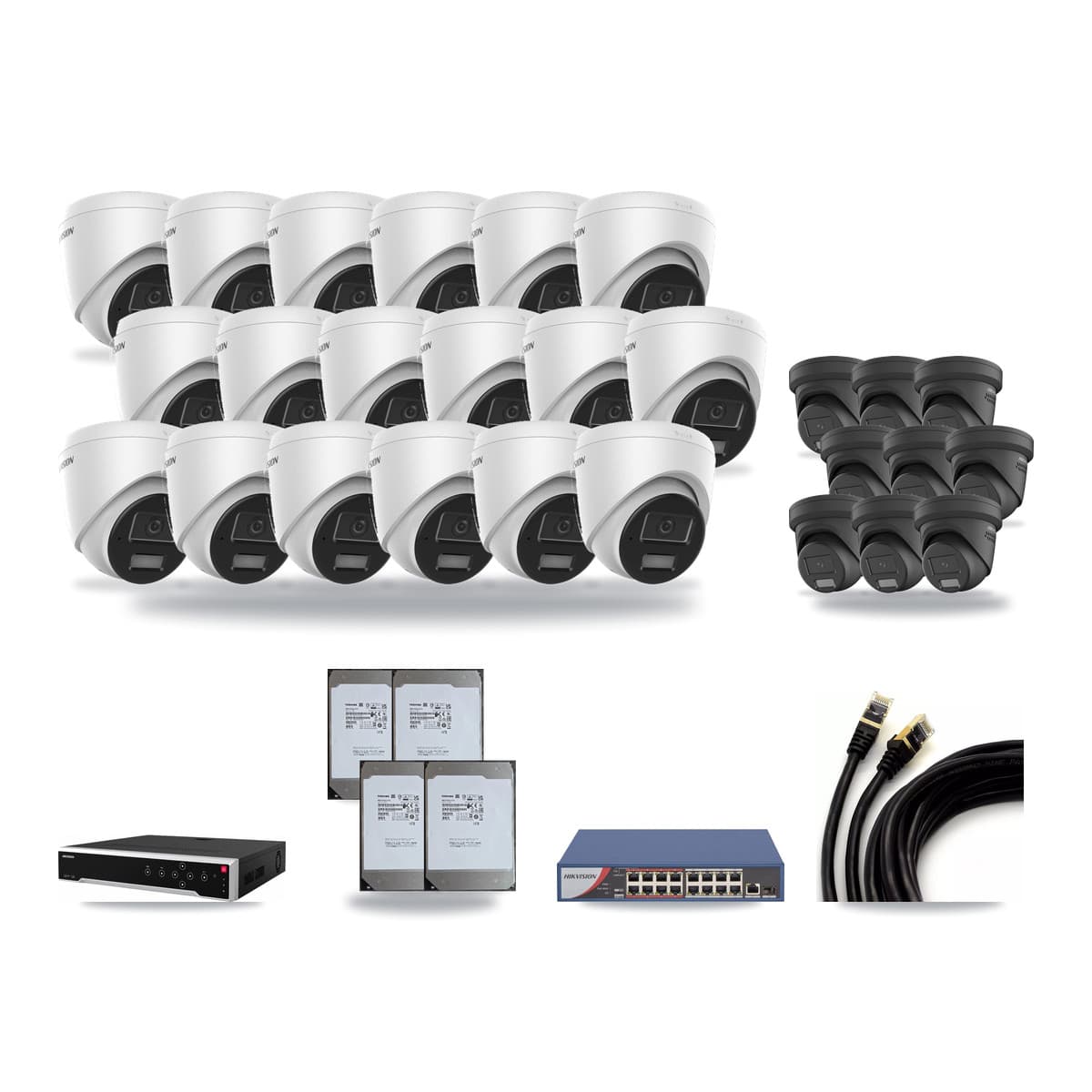 Hikvision 32-Channel 4MP CCTV Kit — 18 DS-2CD1343G2 + 9 DS-2CD2347G2 Turret Cameras + 4× 14TB Recording - Image 1