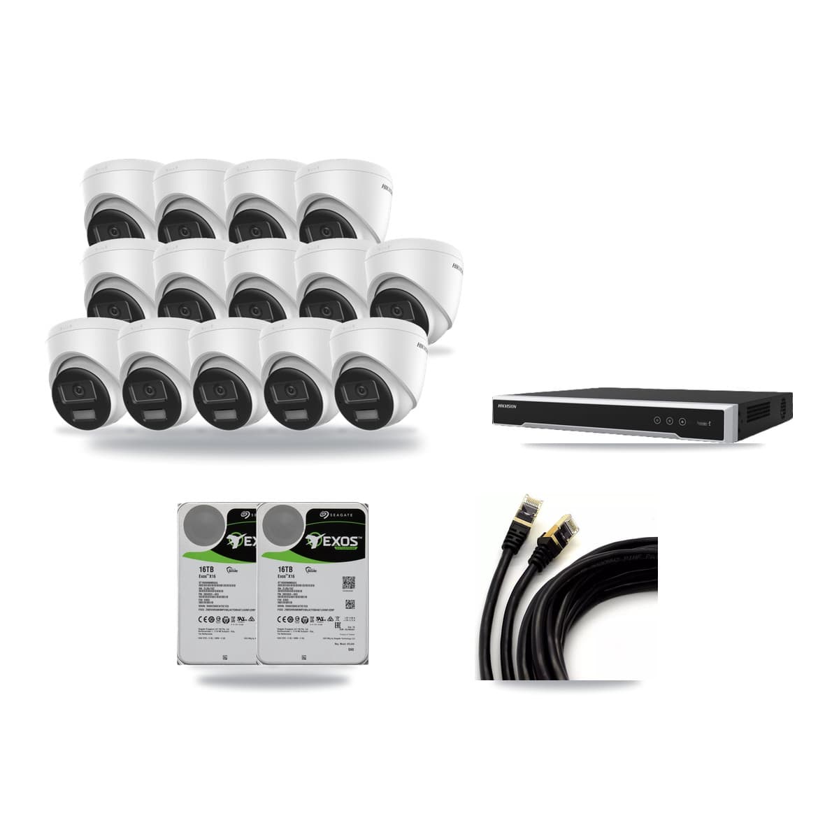 Hikvision 16-Channel 4K CCTV Kit — 14 DS-2CD1383G2-LIU Turret Cameras + 2× 16TB Recording (DS-7616NI-M2/16P Recorder) - Image 1
