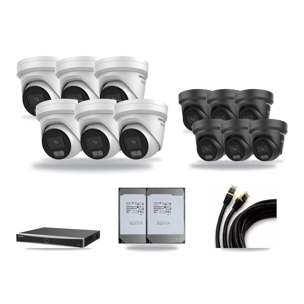 Hikvision 16-Channel 4K CCTV Kit — 6 + 6 Black Turret Cameras + 2× 14TB Recording (DS-7616NXI Recorder) - Image 1