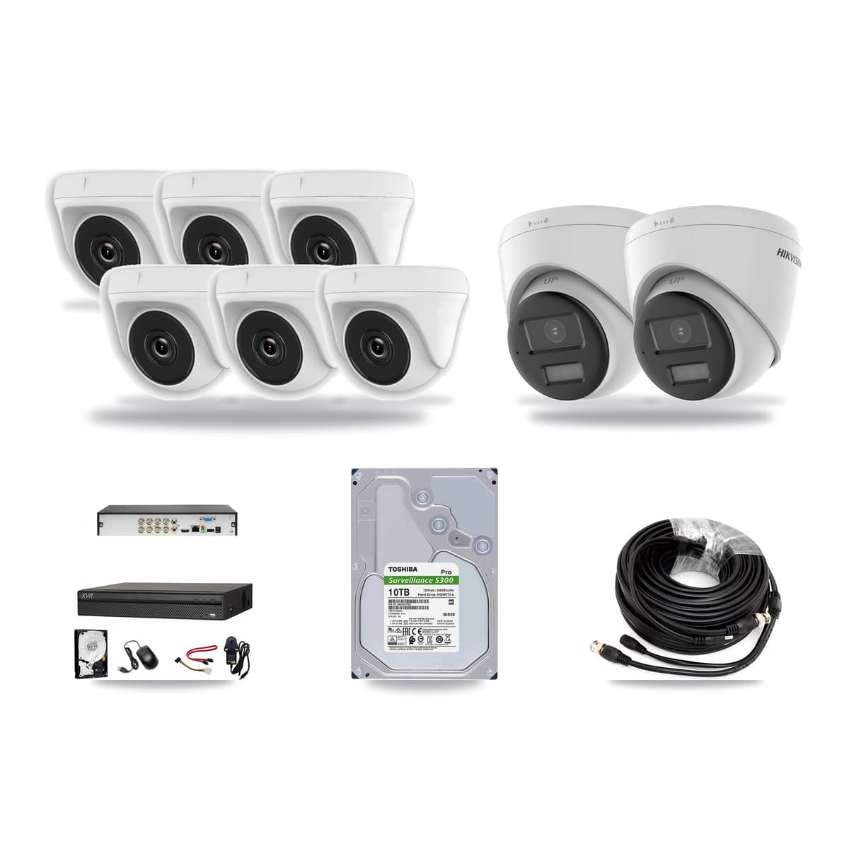 Hikvision & Dahua 8-Channel 2MP – 4K CCTV Kit — 2 4K Turret + 6 White 2MP Dome Cameras + 10TB Recording (XVR-3108AD Recorder) - Image 1