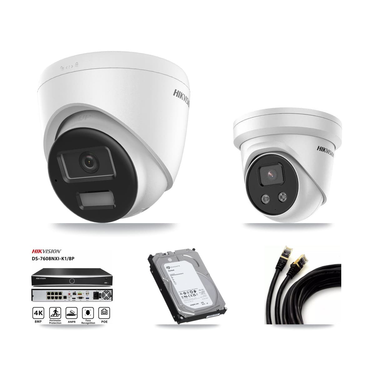 Hikvision 8-Channel 5MP – 4K CCTV Kit — 2 4K + 1 5MP Turret Cameras + 6TB Recording (DS-7608NXI Recorder)