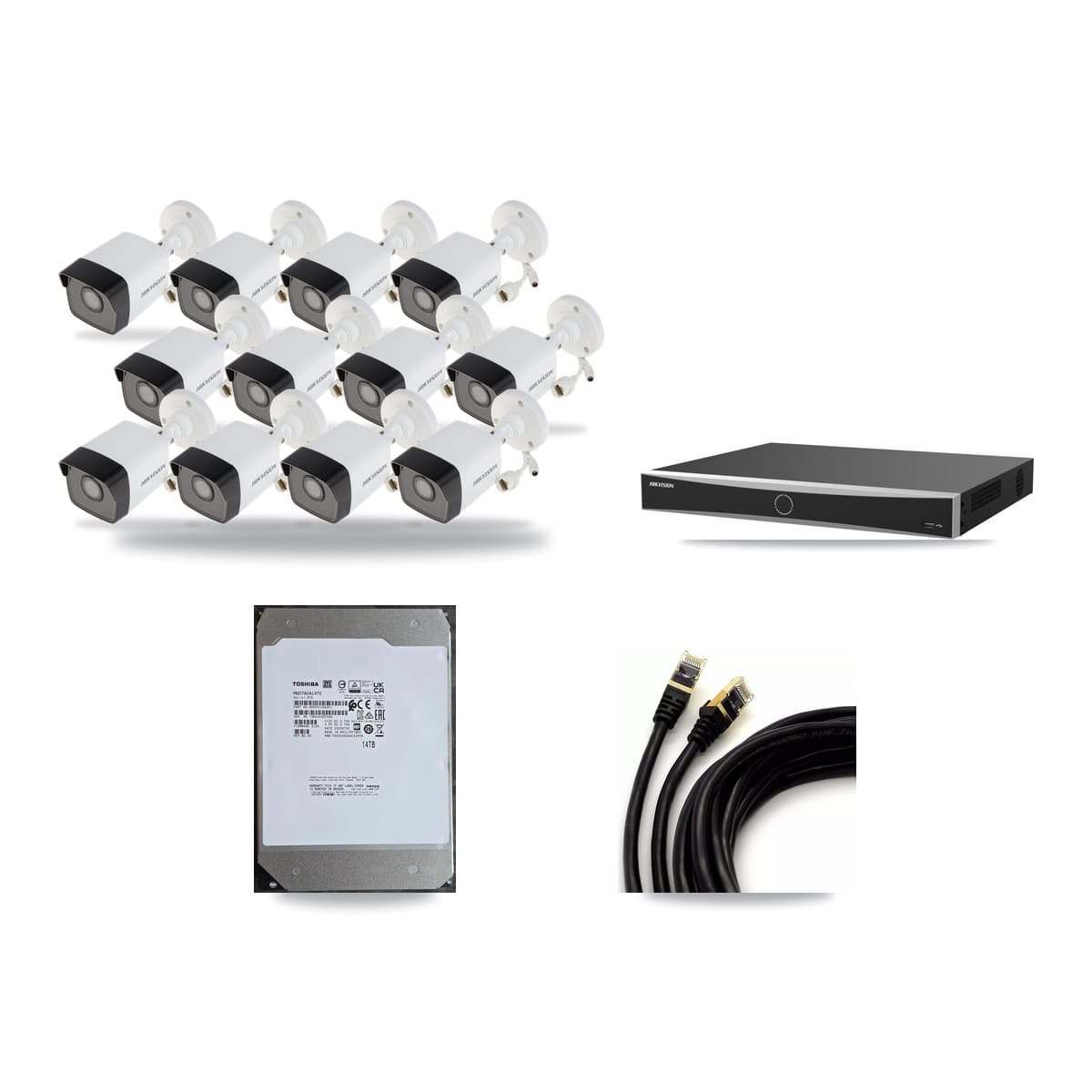 Hikvision 16-channel CCTV kit: 12 cameras (12× 5MP Bullet), 14TB hard drive