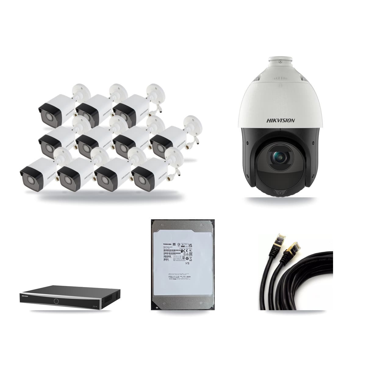 Hikvision 16-Channel 4MP – 5MP CCTV Kit — 11 5MP Bullet + 1 4MP PTZ Cameras + 14TB Recording (DS-7616NXI Recorder) - Image 1