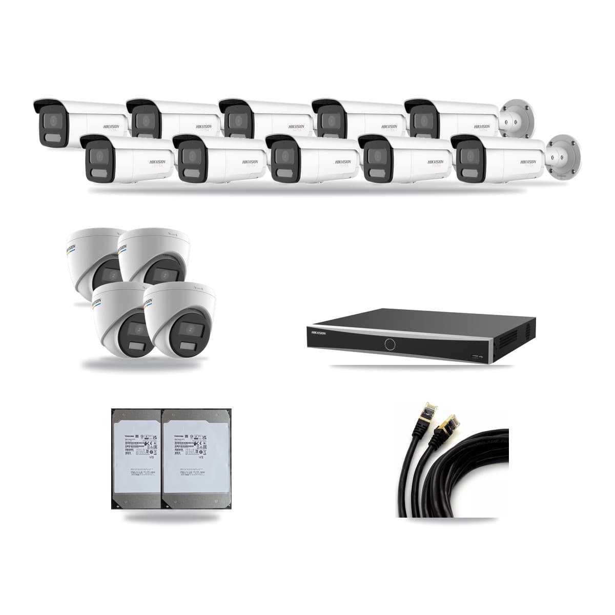 Hikvision 16-Channel 2MP – 4K CCTV Kit — 4 2MP Turret + 10 White 4K Bullet Cameras + 2× 14TB Recording (DS-7616NXI Recorder) - Image 1