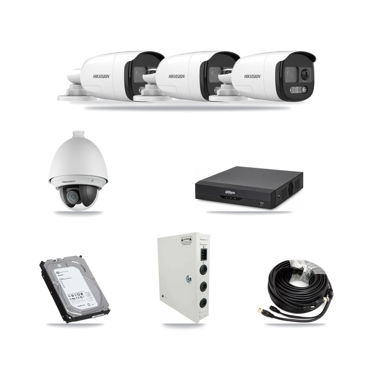 Hikvision & Dahua 4-Channel 2MP – 5MP CCTV Kit — 1 DS-2AE4225T 2MP PTZ + 3 DS-2CE12KF3T 5MP Bullet Cameras + 6TB Recording - Image 1