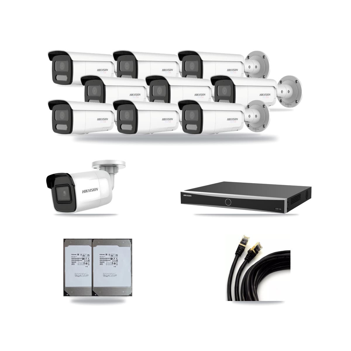 Hikvision 16-Channel 4K CCTV Kit — 1 DS-2CD2085G1 + 9 White DS-2CD2T87G2H Bullet Cameras + 2× 14TB Recording (DS-7616NXI Recorder) - Image 1