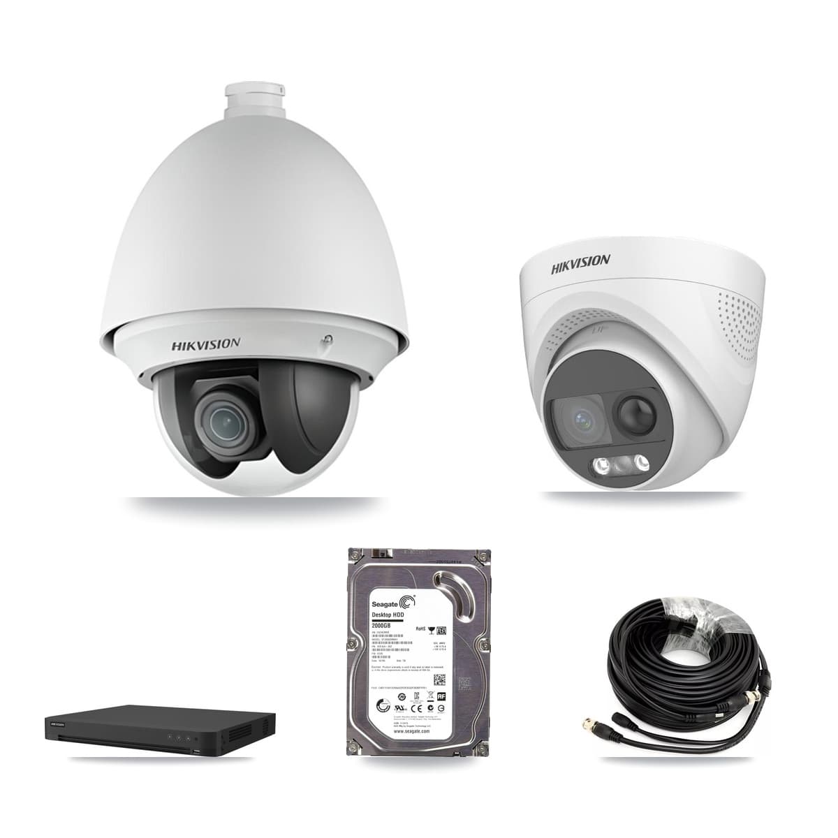 Hikvision 32-Channel 2MP – 5MP CCTV Kit — 1 DS-2AE4225T 2MP PTZ + 1 DS-2CE72KF3T 5MP Turret Cameras + 2TB Recording (IDS-7232HQHI Recorder)