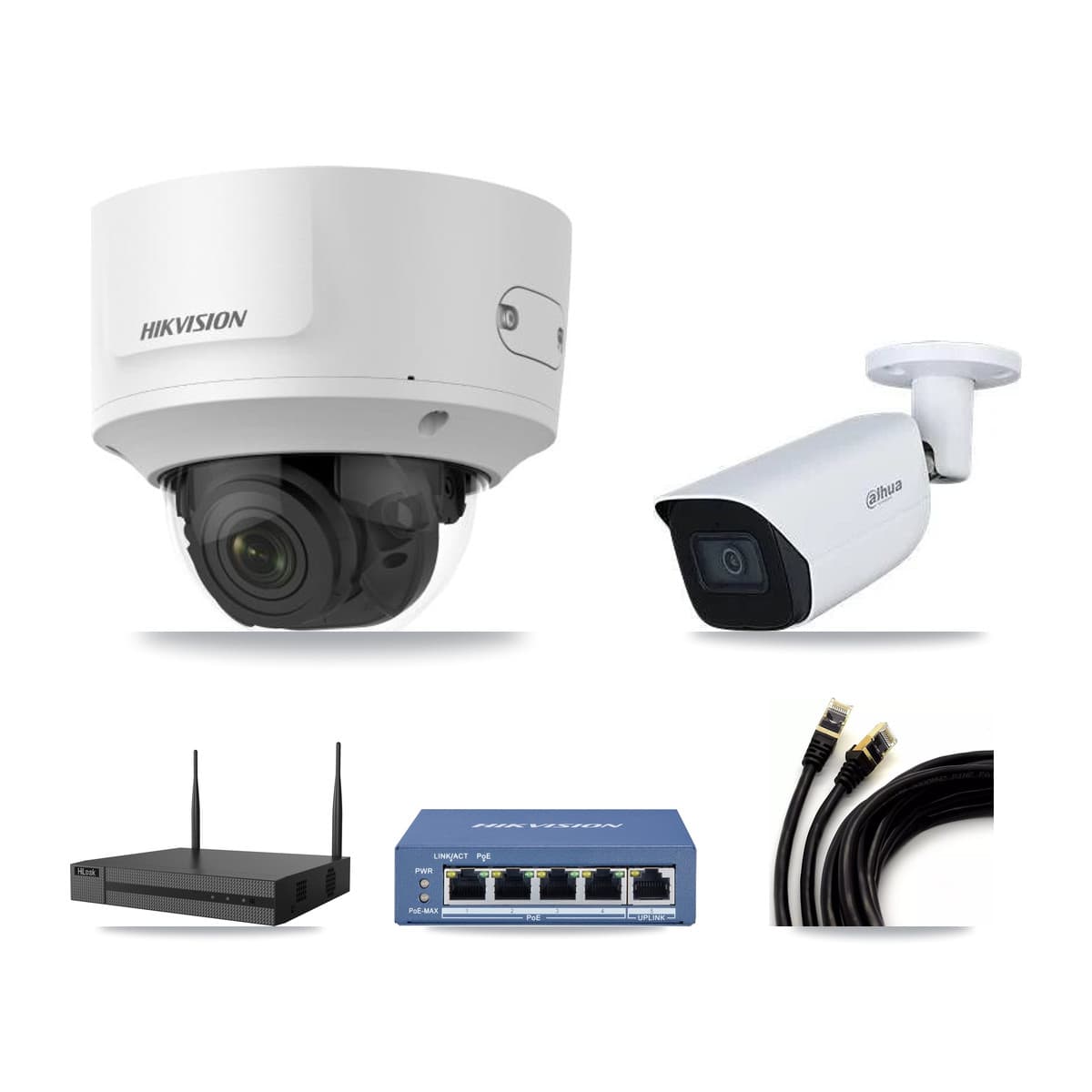 4-Channel 2MP – 5MP CCTV Kit — 2 2MP Dome + 1 5MP Bullet Cameras + 3TB Recording (NVR-104MH-D Recorder)