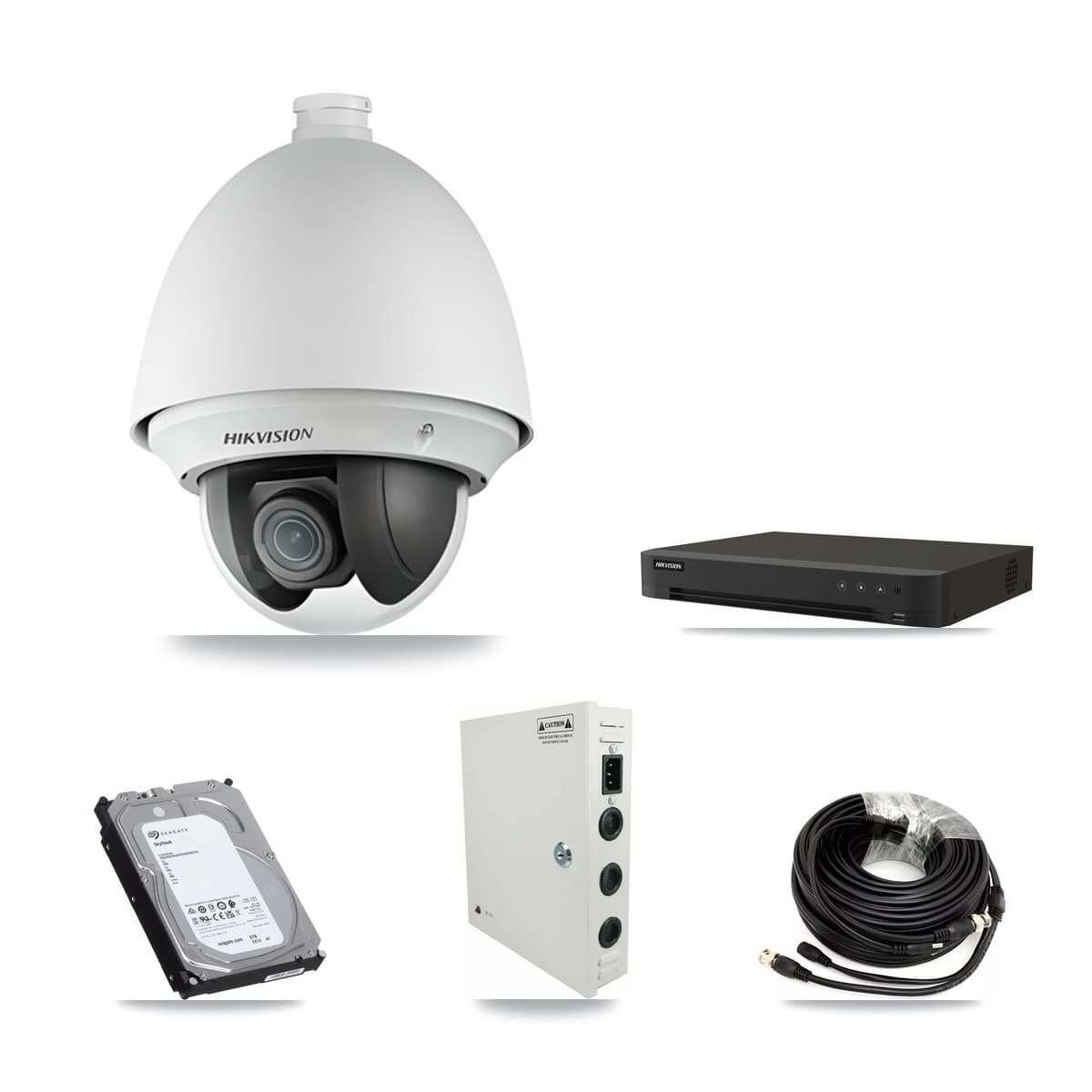 Hikvision 8-Channel 2MP – 4K CCTV Kit — 5 DS-2AE4225T-A 2MP PTZ + 1 DS-2CE12UF3T-E 4K Bullet Cameras + 6TB Recording (IDS-7208HUHI-M1/XT Recorder)