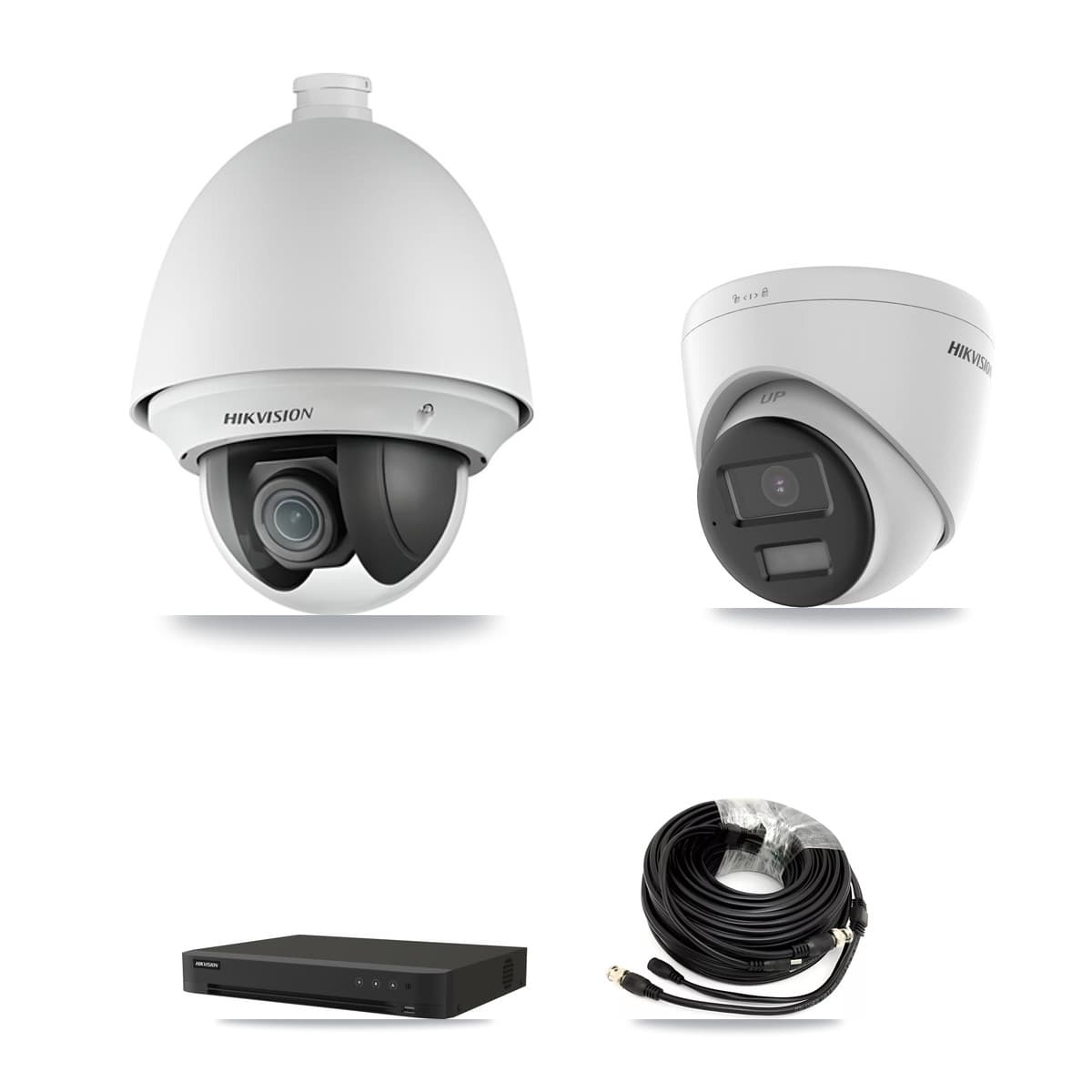 Hikvision 8-Channel 2MP – 4K CCTV Kit — 1 DS-2AE4225T-A 2MP PTZ + 1 DS-2CE78U0T-LPTS 4K Turret Cameras + 3TB Recording (IDS-7208HUHI-M1/XT Recorder)